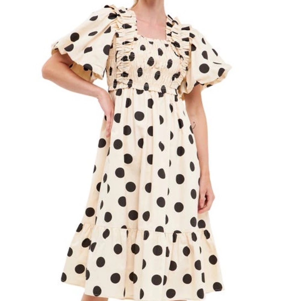 English Factory Cream Midi Dress with Black Polka Dots and Ruffle Trim